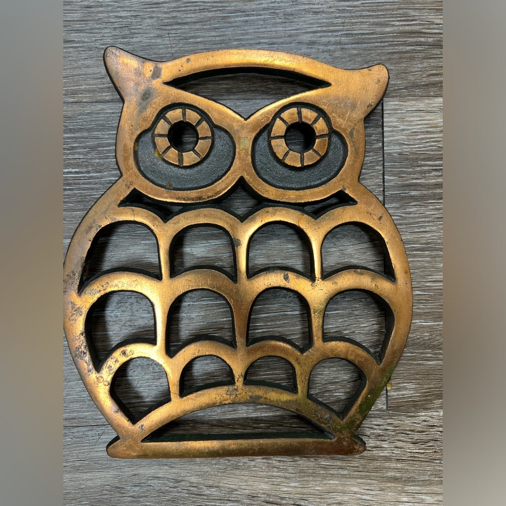 Vintage Cast Iron Owl Trivet or Wall Hanging Bronze Finish 7" x 6" Distressed